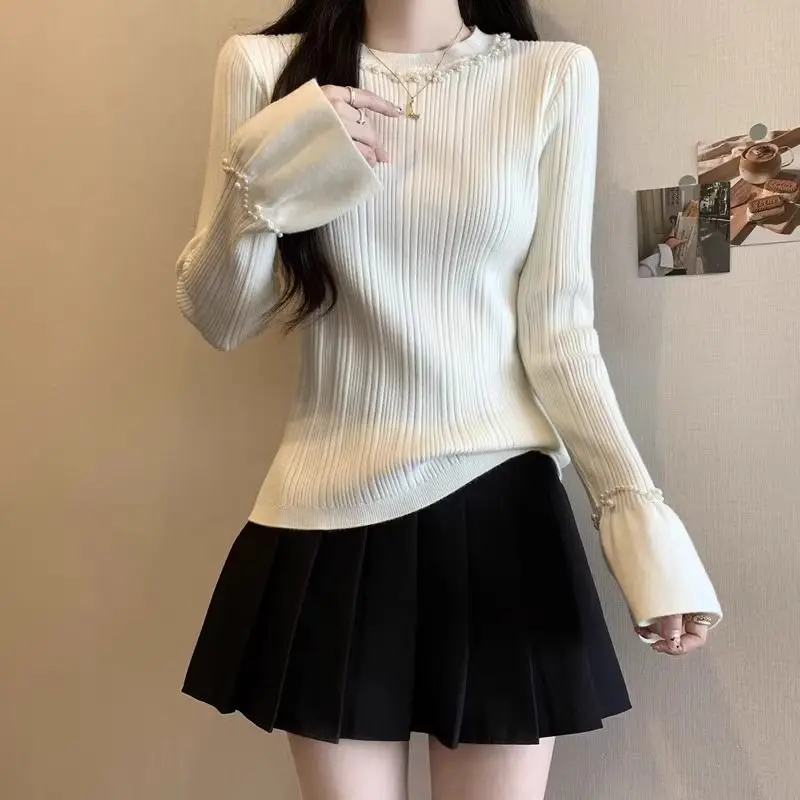 Korean Slim Youth All-match Pullovers Top Autumn Winter New Long Sleeve Solid Color Fashion Sweaters Sweet Elegant Women Clothes