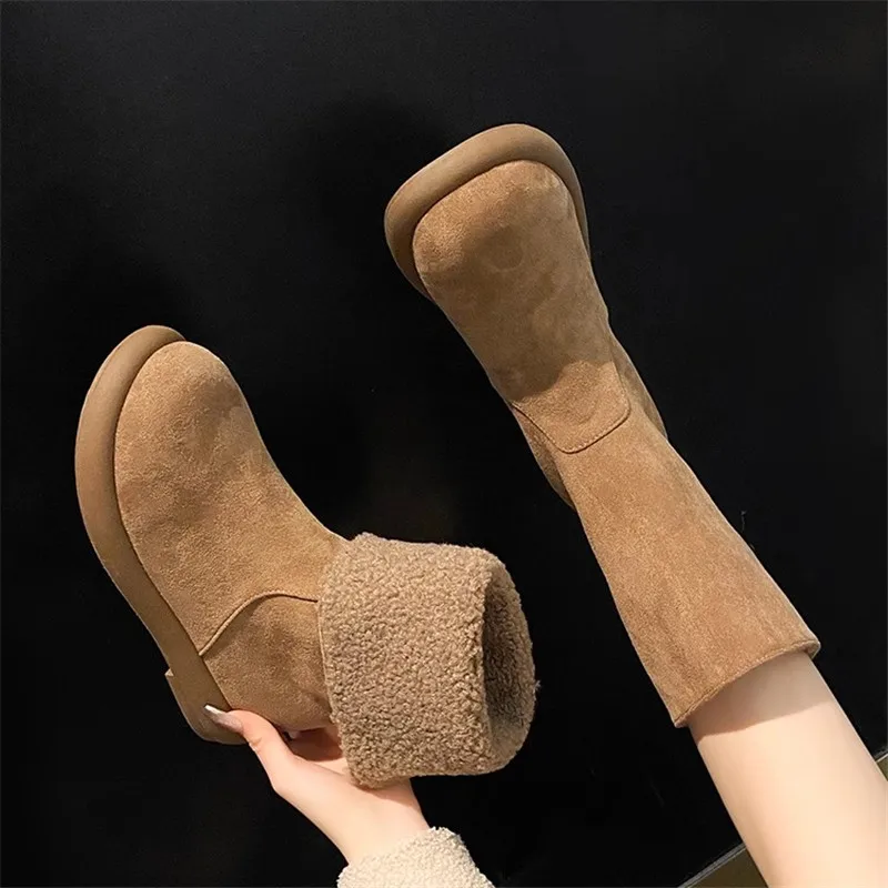 Suede Fur Flats Women Ankle Snow Boots Winter Warm Short Plush Women Shoes New 2024 Fashion Designer Chelsea Boots Femme Zapatos