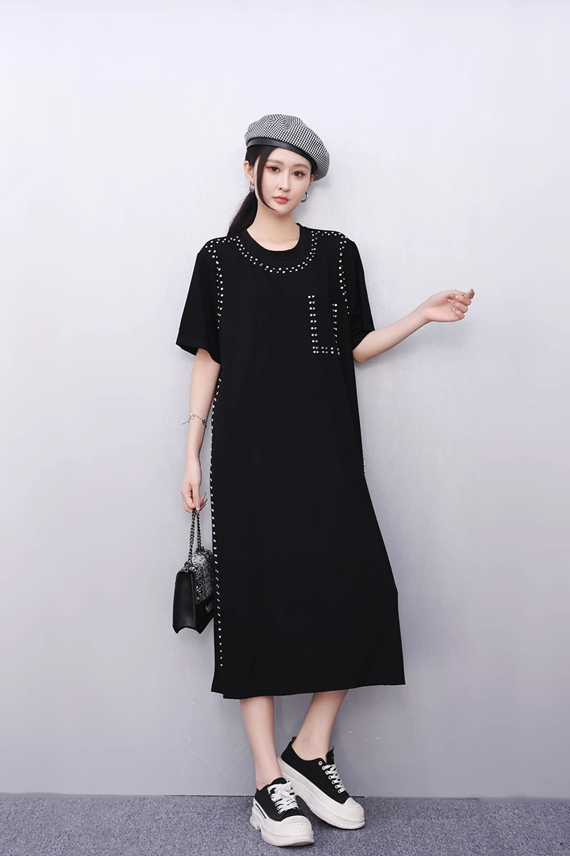 2025 夏のファッションエレガントな黒のレトロな O ネックルーズロング Tシャツドレス女性卸売 J1088