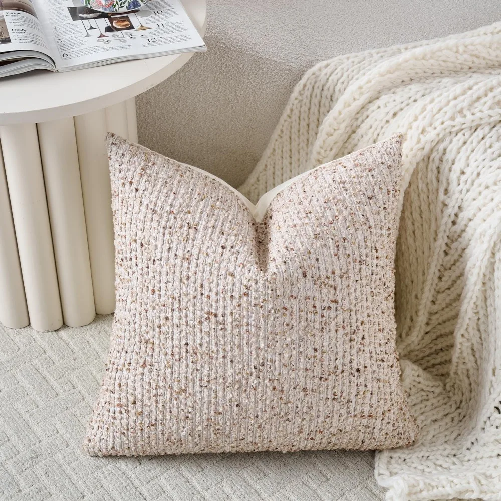 أغطية وسائد مزخرفة باللون البيج، مجموعة من 2، 24 × 24، وسائد أريكة مربعة الشكل مزخرفة لمزرعة بوهو الحديثة #4