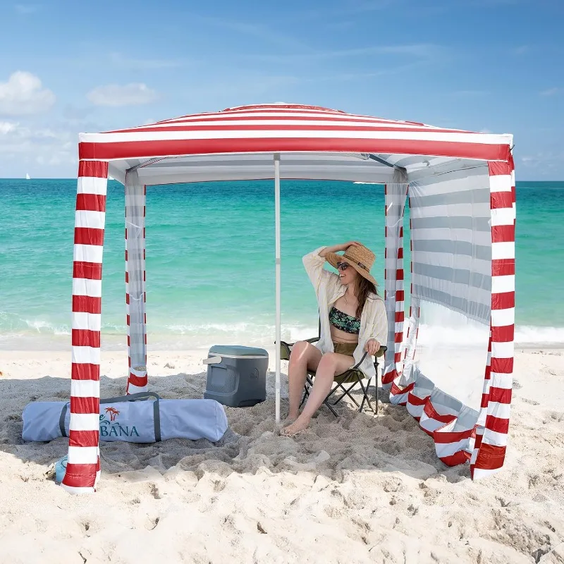 

CROWN SHADES Beach Cabana 6.5 x 6.5, Cool Cabana Beach Tent Easy Pop Up - UPF50+ Protection with Sidewall and More Pockets, Red