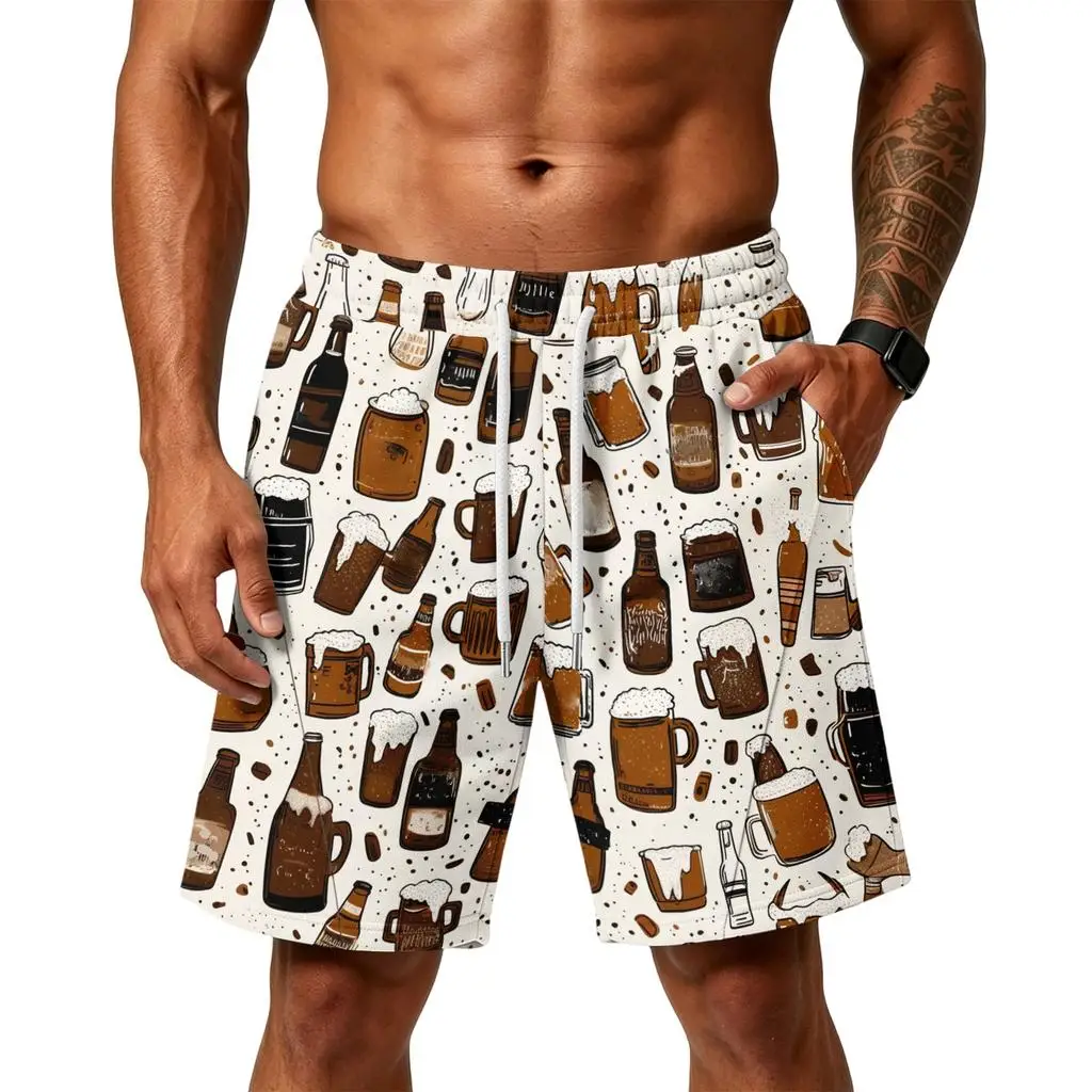 Men's Spring Summer 3D Printed Drawstring Shorts, White Hand Drawn Beer Mug Bottle Fun Bar Vacation Casual Bottoms