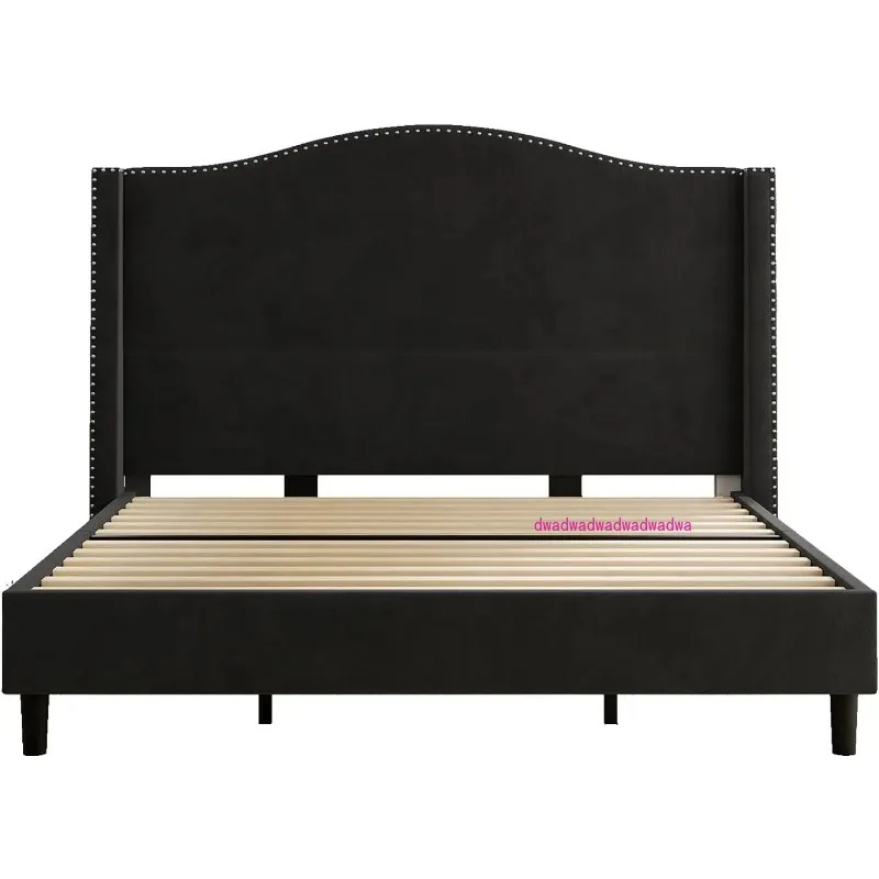 

Queen Size Bed Frame 52.6" Tall Headboard Velvet Upholstered Tufted Wingback Beds/No Box Spring Needed