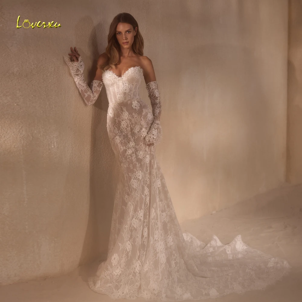 

Свадебное платье Loverxu Mermaid: сексуальное, без бретелек, со съемными рукавами, кружевное, с вышивкой, шикарное, на заказ