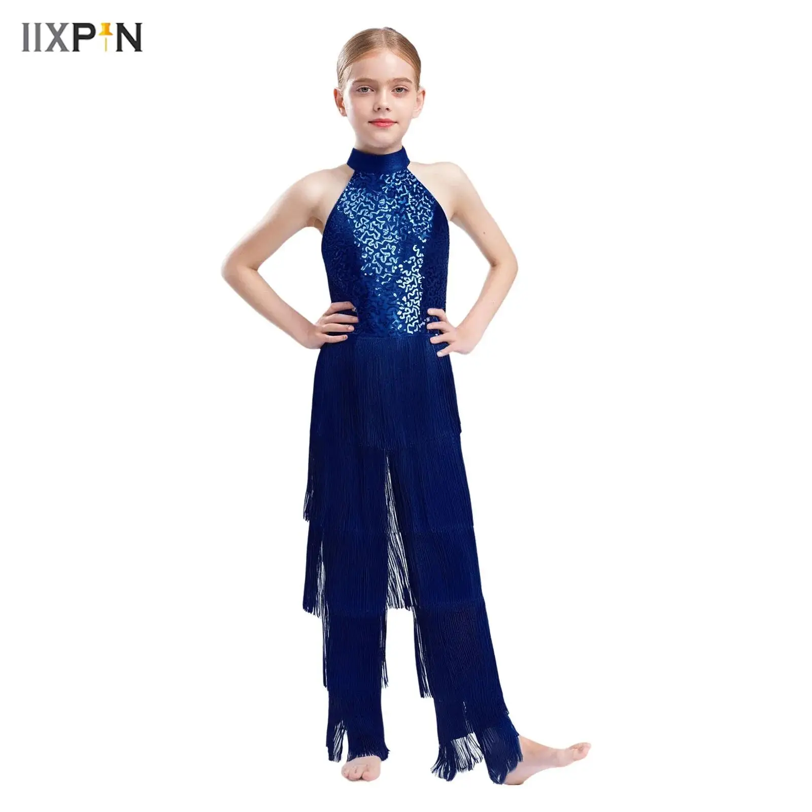 

Kids Girls Tiered Tassel Sequin Latin Dance Jumpsuit Halter Sleeveless Backless Bodysuit for Cha-cha Samba Dance Performance