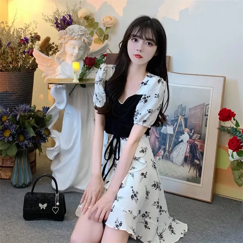 Kawaii Mini Silk Clothes Fairy Floral Chiffon Dresses for Women 2024 Flower White Short Satin Woman Dress Cute Aesthetic Vintage