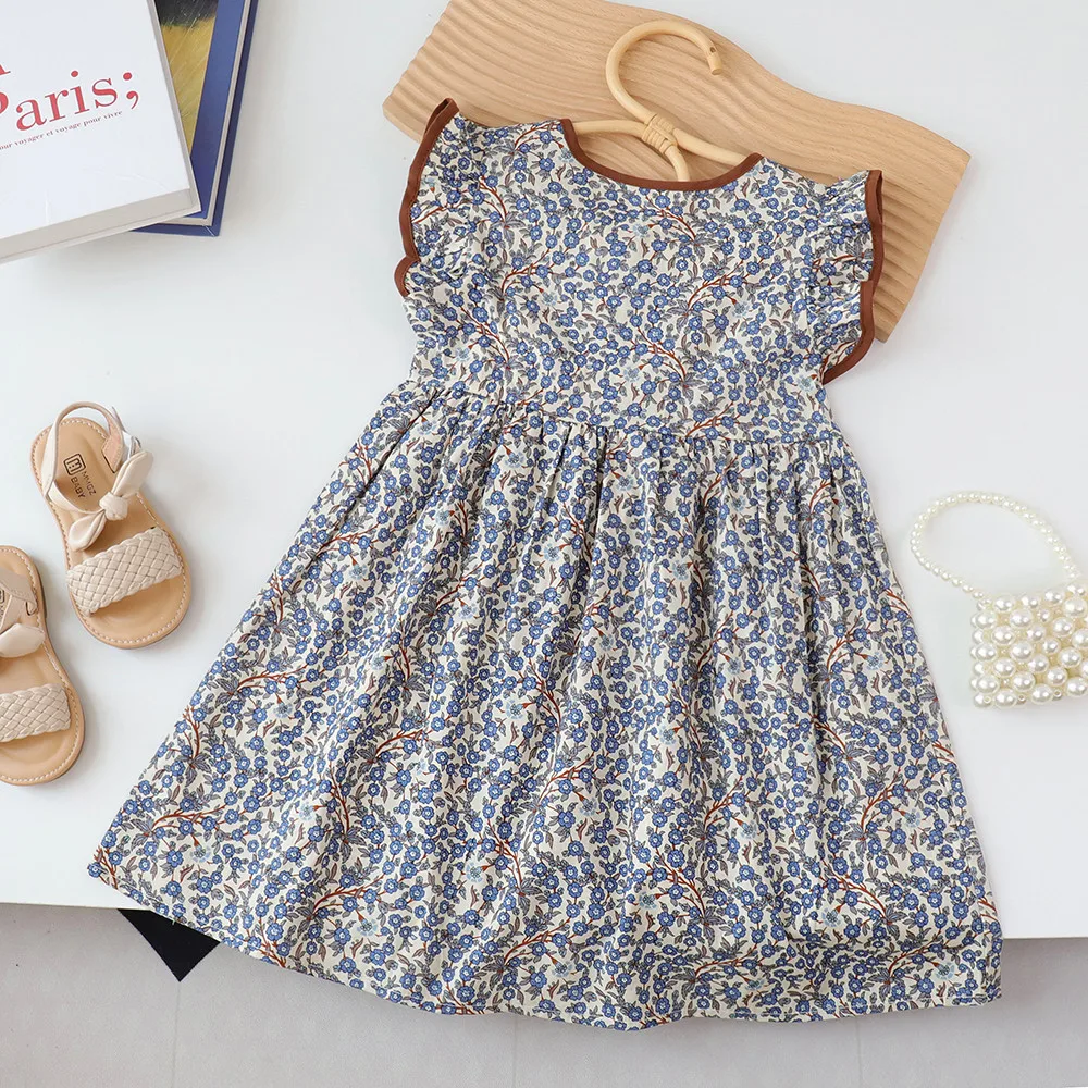 Bear Leader Summer Flying Sleeve Round Neck Girls Princess Dress 3-7 Years Flower Kids Clothes with Button