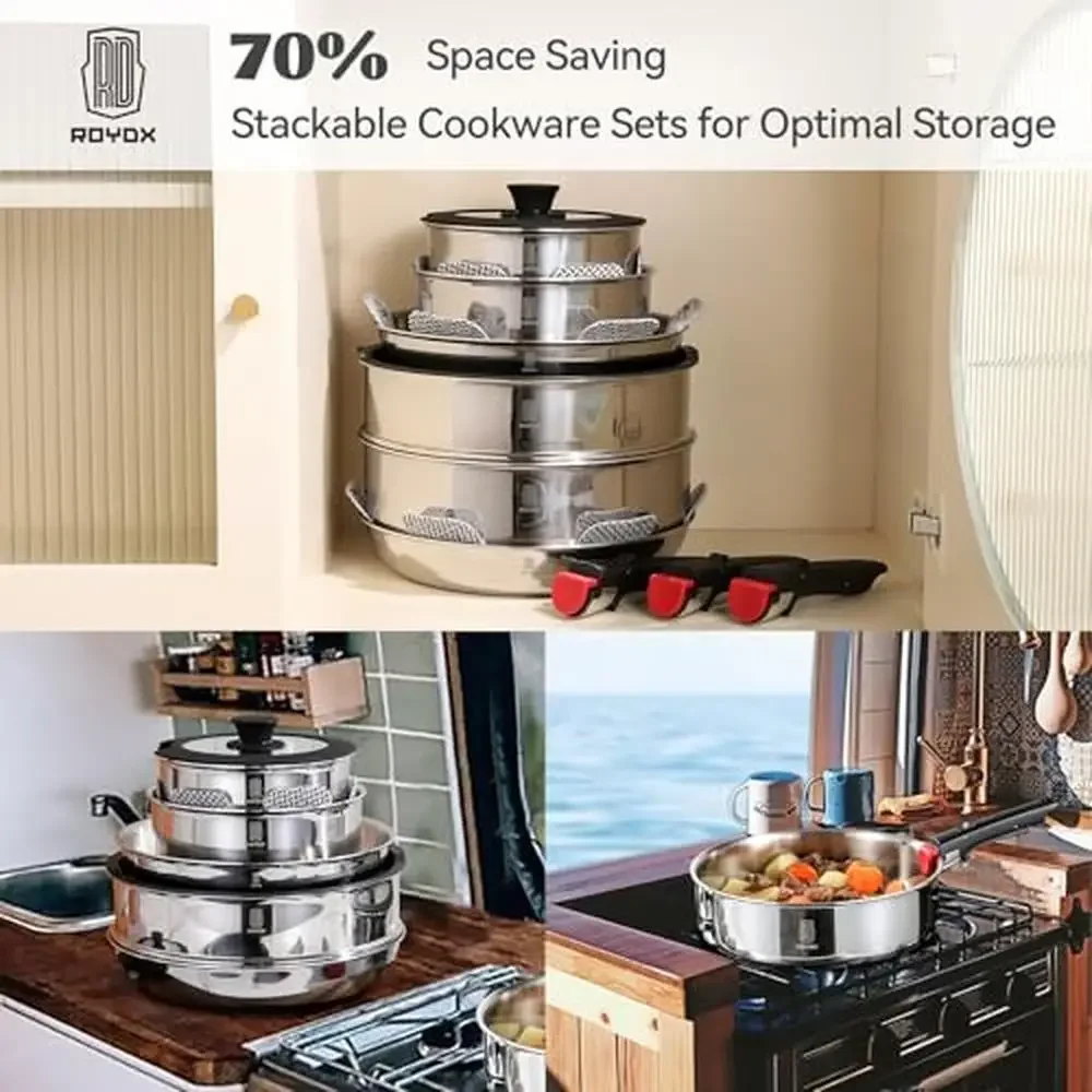 Stackable Stainless Steel Cookware Set Detachable Handle Induction RV Camper Kitchen Healthy Stackably Removable Glass Lids Pot