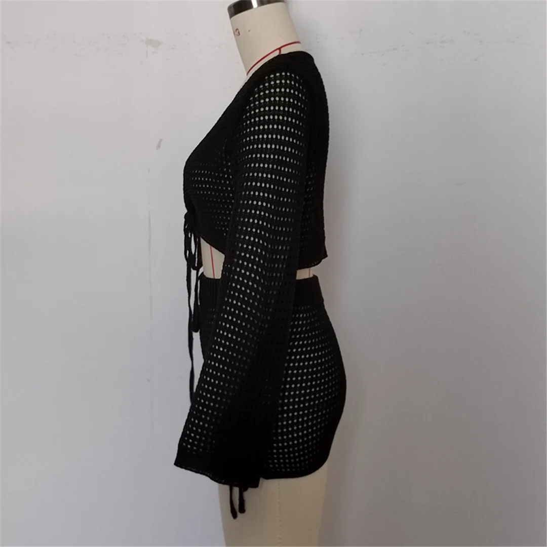 V-Ausschnitt, lange Ärmel, gehäkeltes Strickmuster, zweiteiliger Anzug, Strandkleid, Strandüberwurf, Strandmode, Damen, V6490 – Detail 21