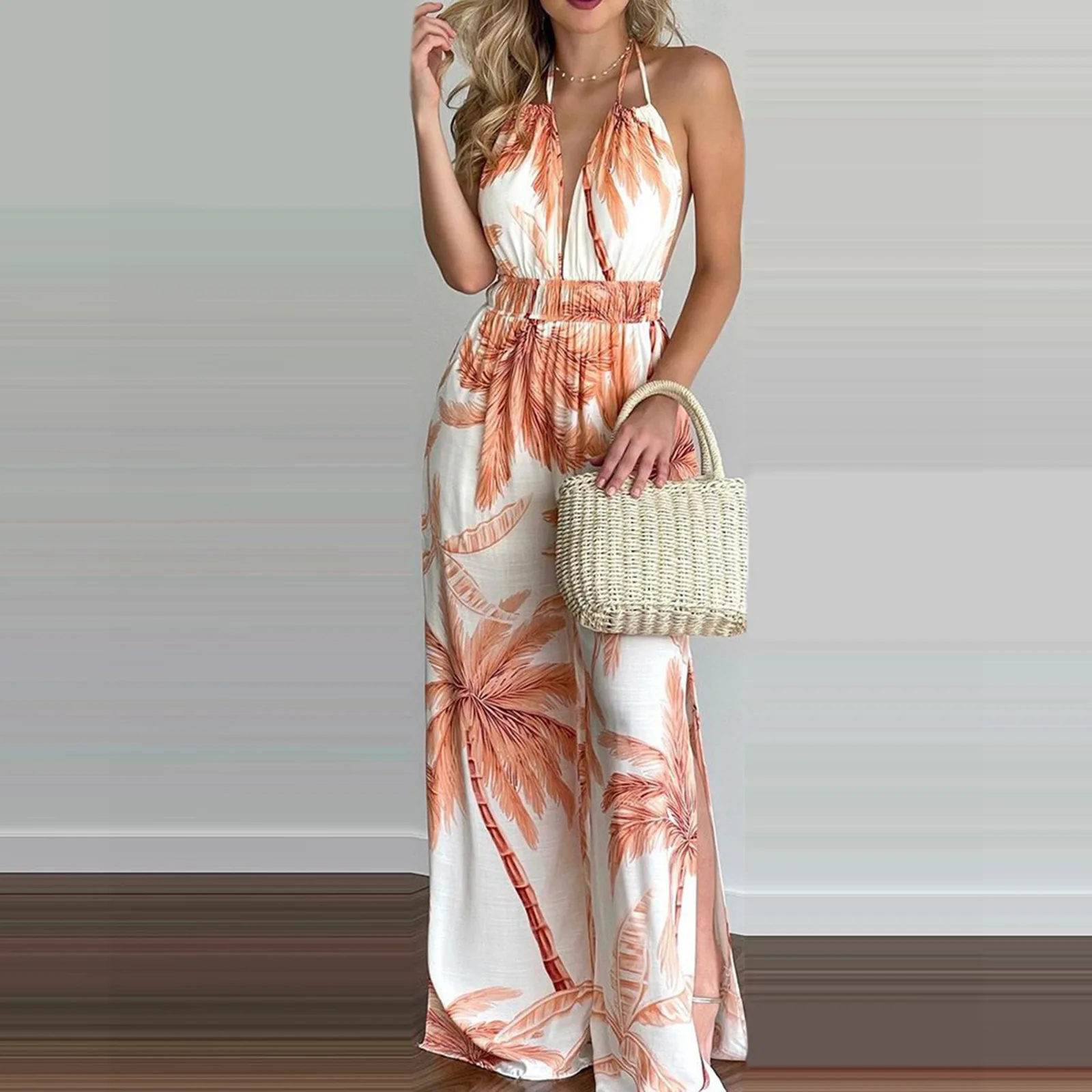 

Floral Printed Eleastic High Wasit Halter Off Shoulder Lace Up Backless Sexy Split Beach Commute Long Pants Jumpsuit For Women