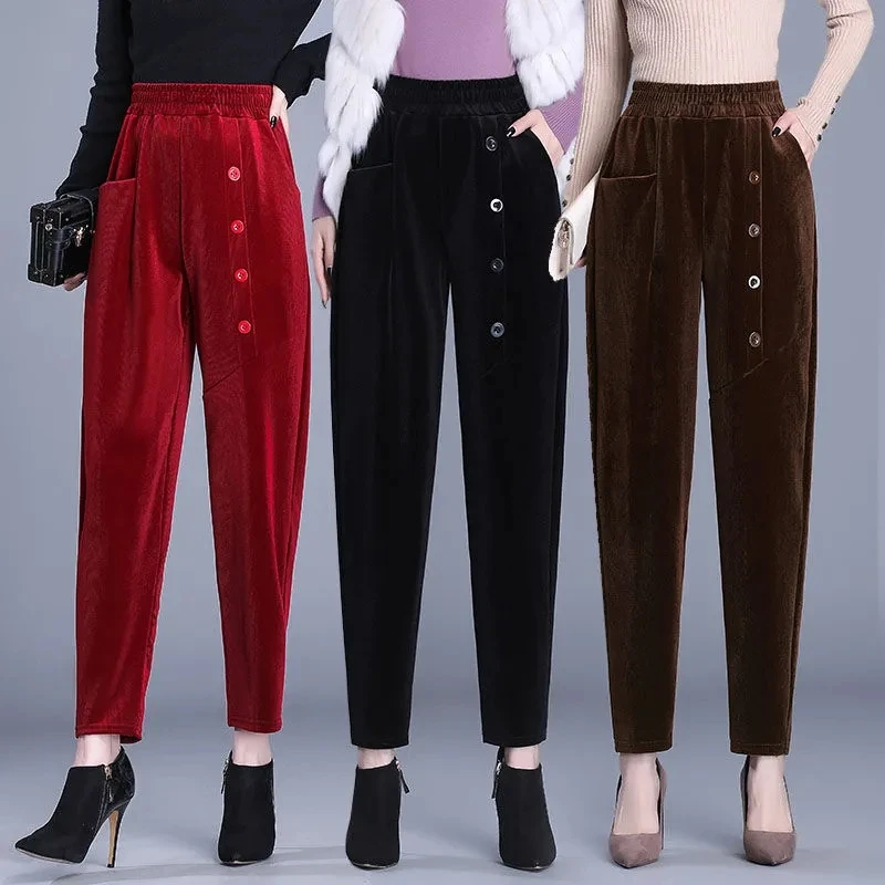 Autumn Winter Large Size Corduroy Pants Middle-aged Elderly Mother Add Velvet Warm Harem Pants Elastic Waist Women Trousers