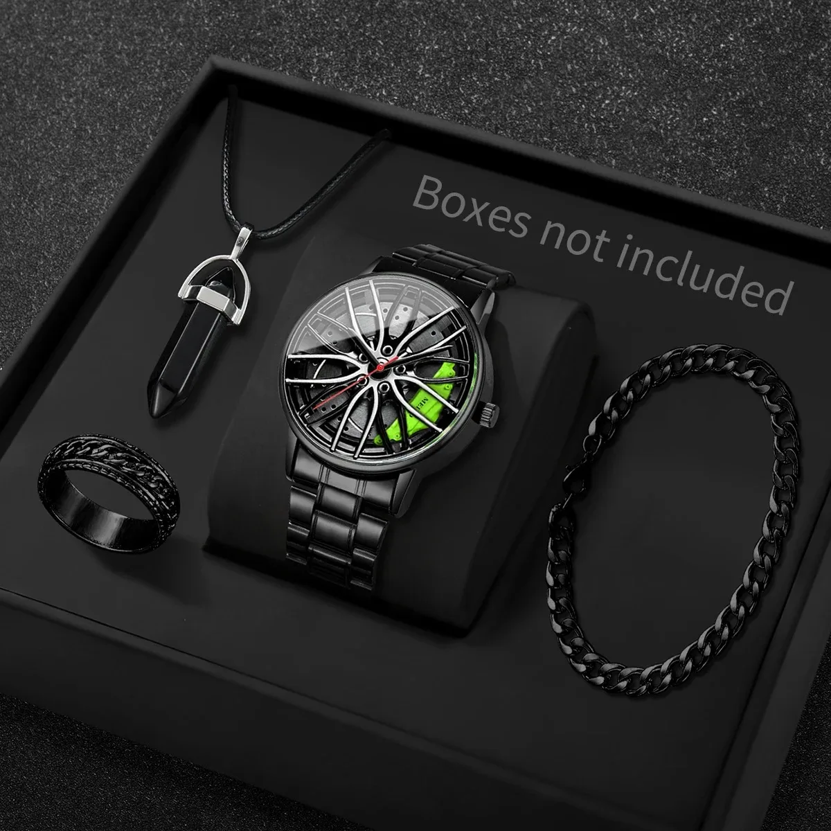 4PCS Luxury Stainless Steel Men Business Watches Jewelry Set Fashion 3d Car Wheel Dial Sports Quartz Watch (Without Box)