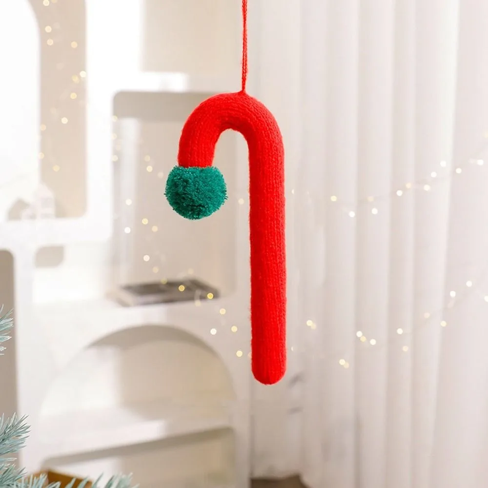 Knitted Plush Christmas Cane Candy Cartoon Handmade Hanging Candy Cane Ornaments Red Green Christmas Walking Stick Candy