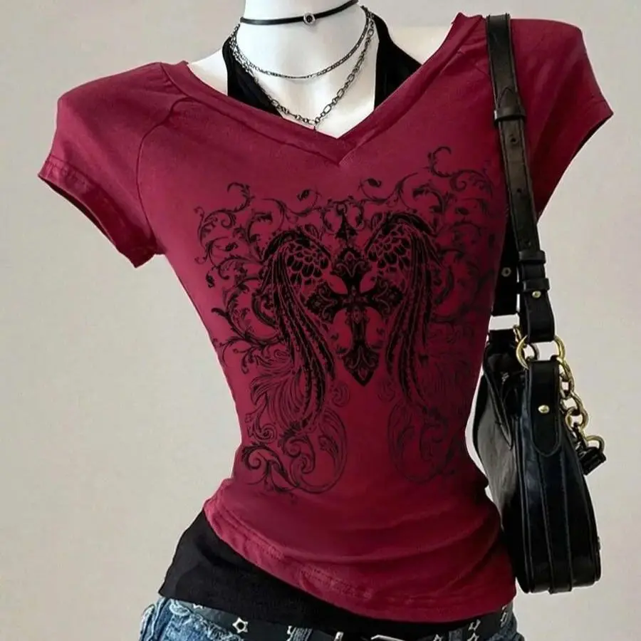 Y2K Grunge Style Summer Women's Gothic Punk V-neck Strap up T-shirt with Skull and Wings Print