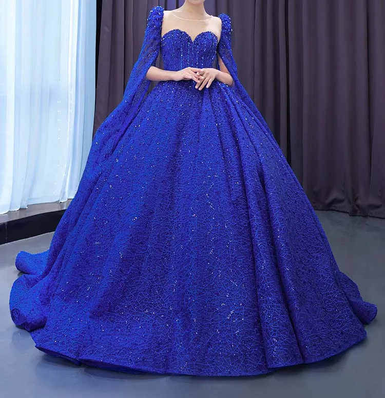 Royal Blue Charro Quinceanera Dresses Ball Gown Long Sleeves Lace Beaded Puffy Mexican Sweet 16 Dresses 15 Anos