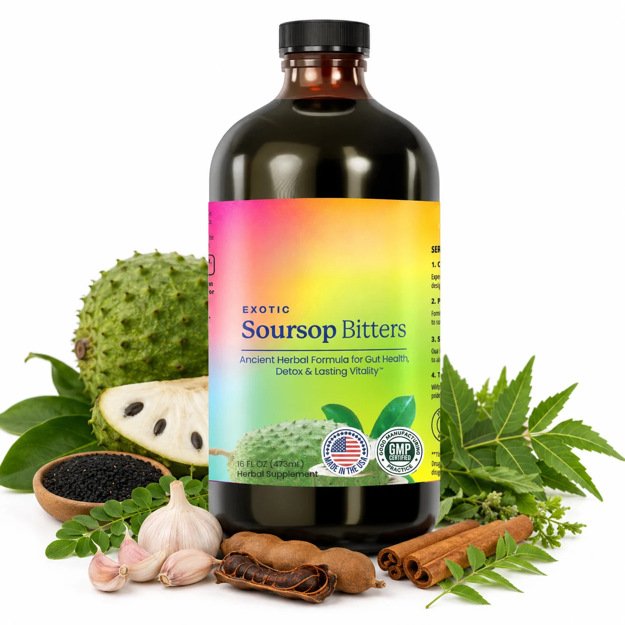 

Soursop Bitters Liquid Botanical Blend with Black Seed, Sea Moss, Moringa, Ginger, Turmeric, Daily Wellness Digestive Support,