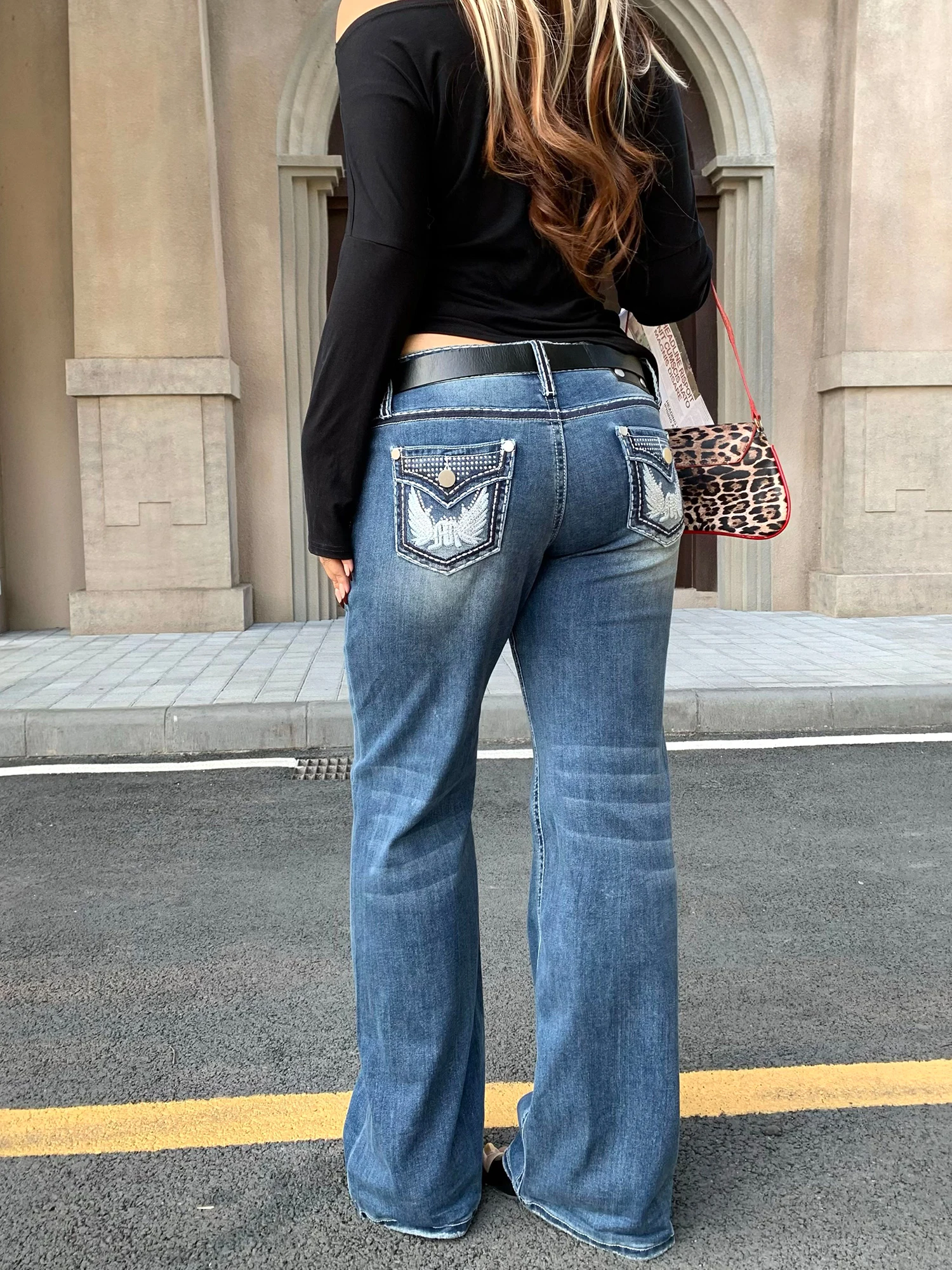 

Heavy Embroidery Retro Straight Leg Jeans Women's plus Size Drapey Denim Pants Street Sle hine Waed Pure Color Casual