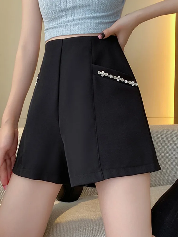 

SMTHMA Ladies Luxury Diamonds Black Shorts For Women's Summer 2024 New Fashion High Waist A-Line Casual Wide Leg Pants