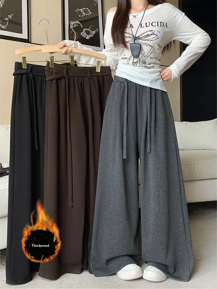 

plus Size Women's Thiened Warm Elastic Wide Leg Pants High Waist Casual Floor Length Autumn Winter New Sle American Retro