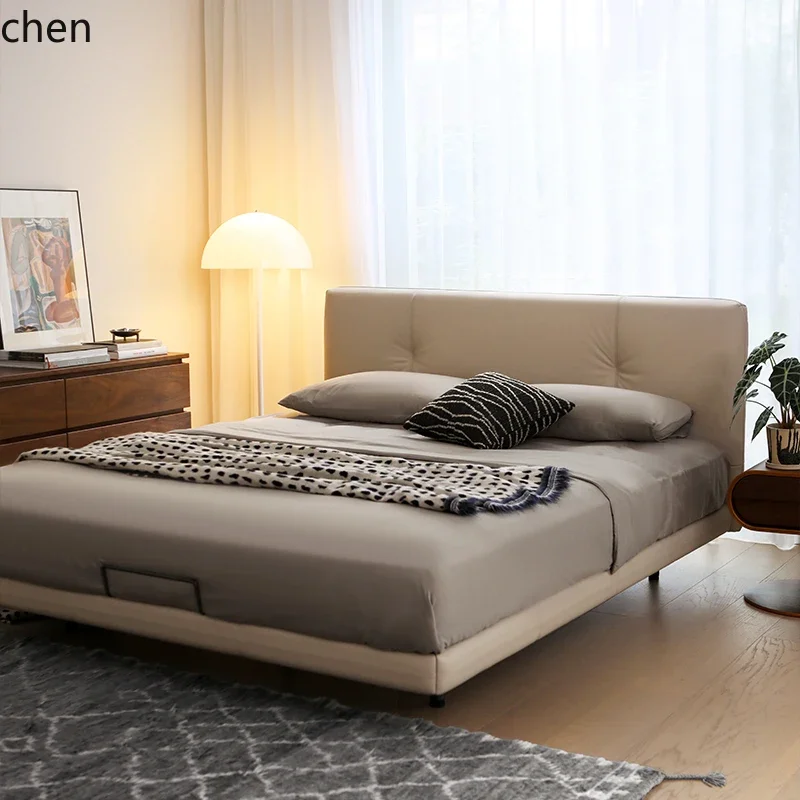 HYS Vintage Style Genuine Leather High Back Full Bed Floating Platform Bed Master Bedroom