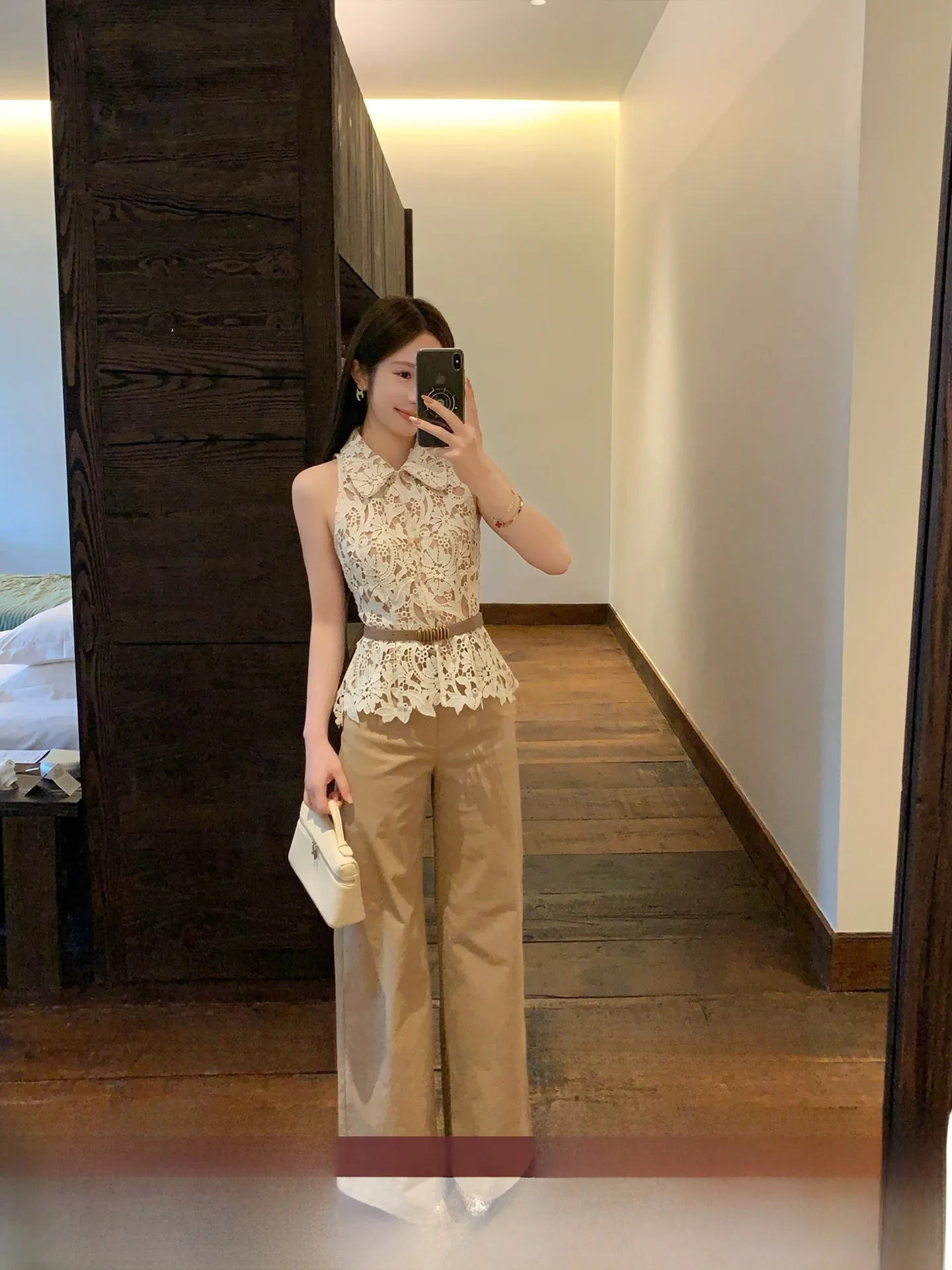 

High Waist Bell Bottom Pants Khaki Color Casual Style Women's Spring Summer Fashionable Long Trousers Cotton Blend Material