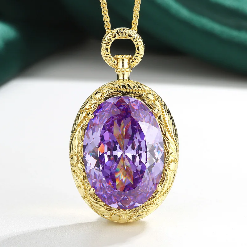 Vintage Gold Carved Brushed Oval Cut Zircon Pendant Necklaces Women Glam Upscale Large Statement Banquet Party Jewelry Accessory