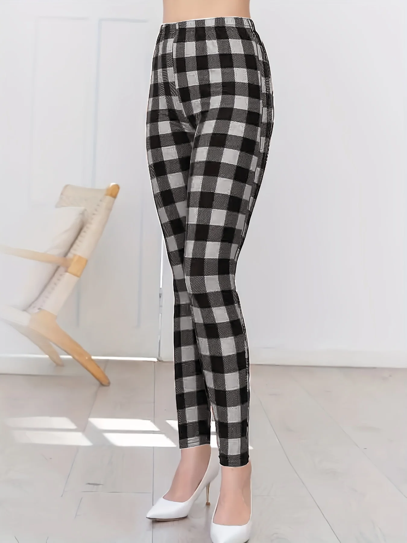 Women Fashion Plaid Printed Long Pants Casual High Waist Pencil Pants Ladies Elegant Slim Long Pants