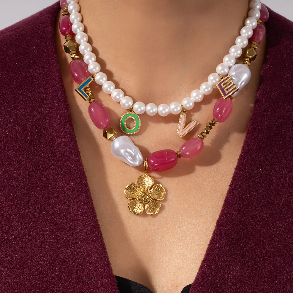 

Boho Colorful Natural Stone Pearl Beaded Necklace Stainless Steel Gold Flower Pendant Enamel LOVE Letter Choker Women Jewelry