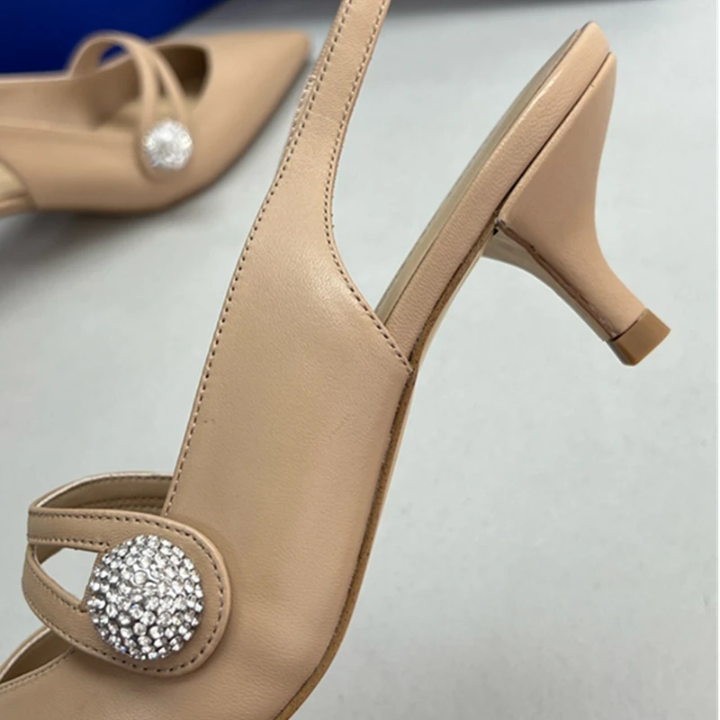 Dave&Di Minimalist Pearl Decoration Genuine Leather Pointed Sandals Women's Stiletto Commuting Casual Party Sandals Shoes Ladies