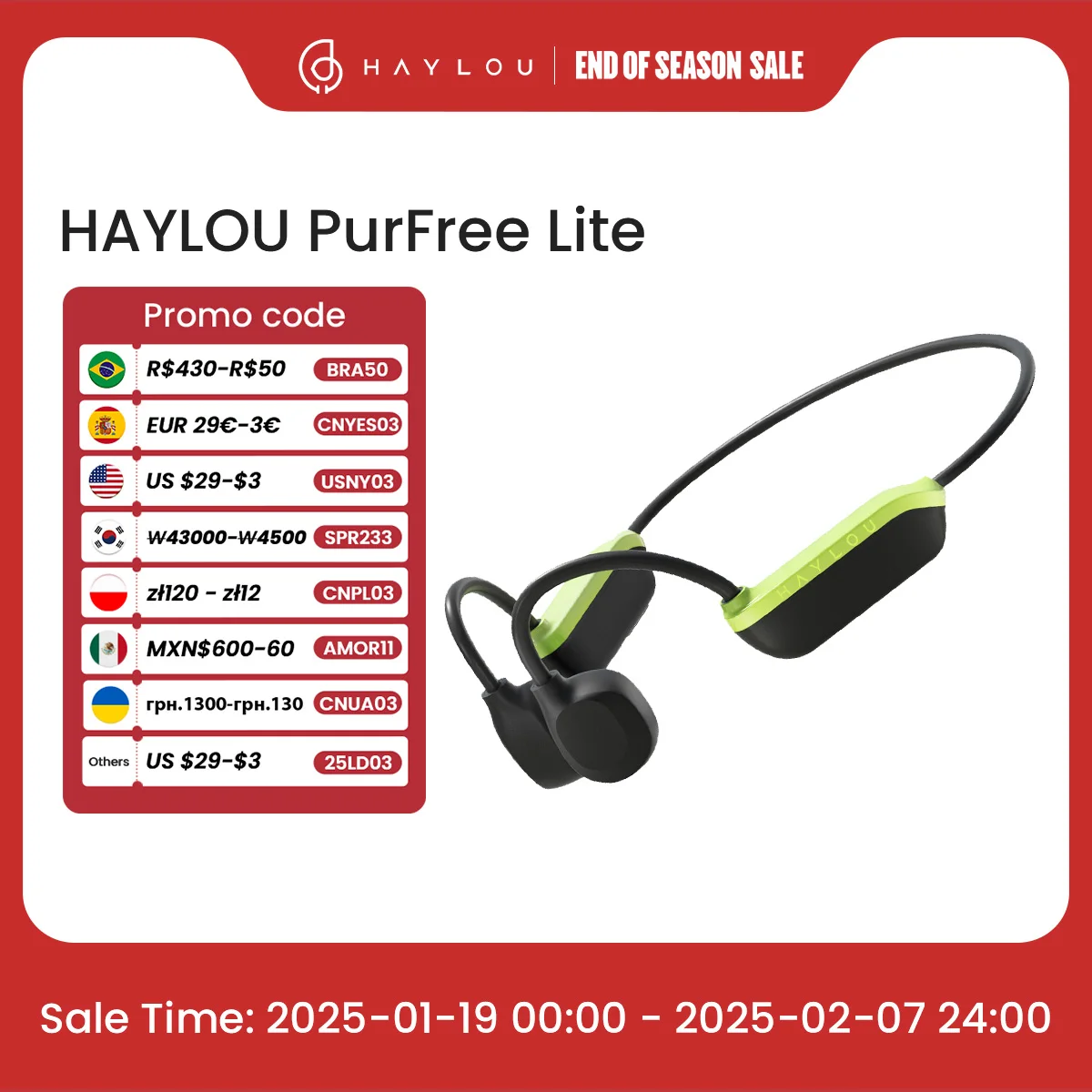 HAYLOU PurFree Lite Bone Conduction Earphone Wireless Sports Headphones Open-ear fit Qualcomm QCC3044 10 Hours of Playtime