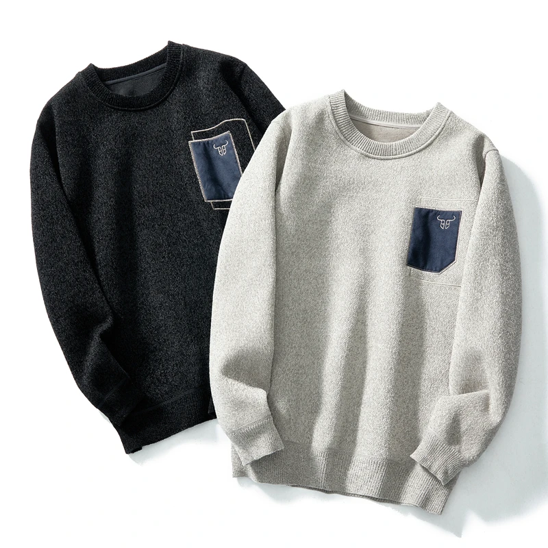 

Бархатный мужской вязаный свитер цвета синели с вышивкой в стиле пэчворк, зимний модный городской длинный длинный слэ...