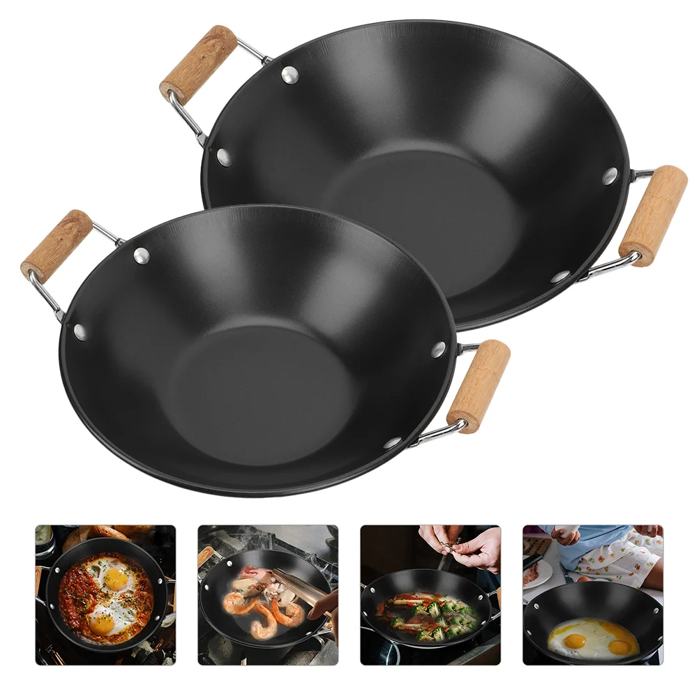 2 Pcs Stainless Steel Griddle Wok Lid Paella Frying Pan Metal Dry Pot Wooden Kitchen Cookware Individual Thickened