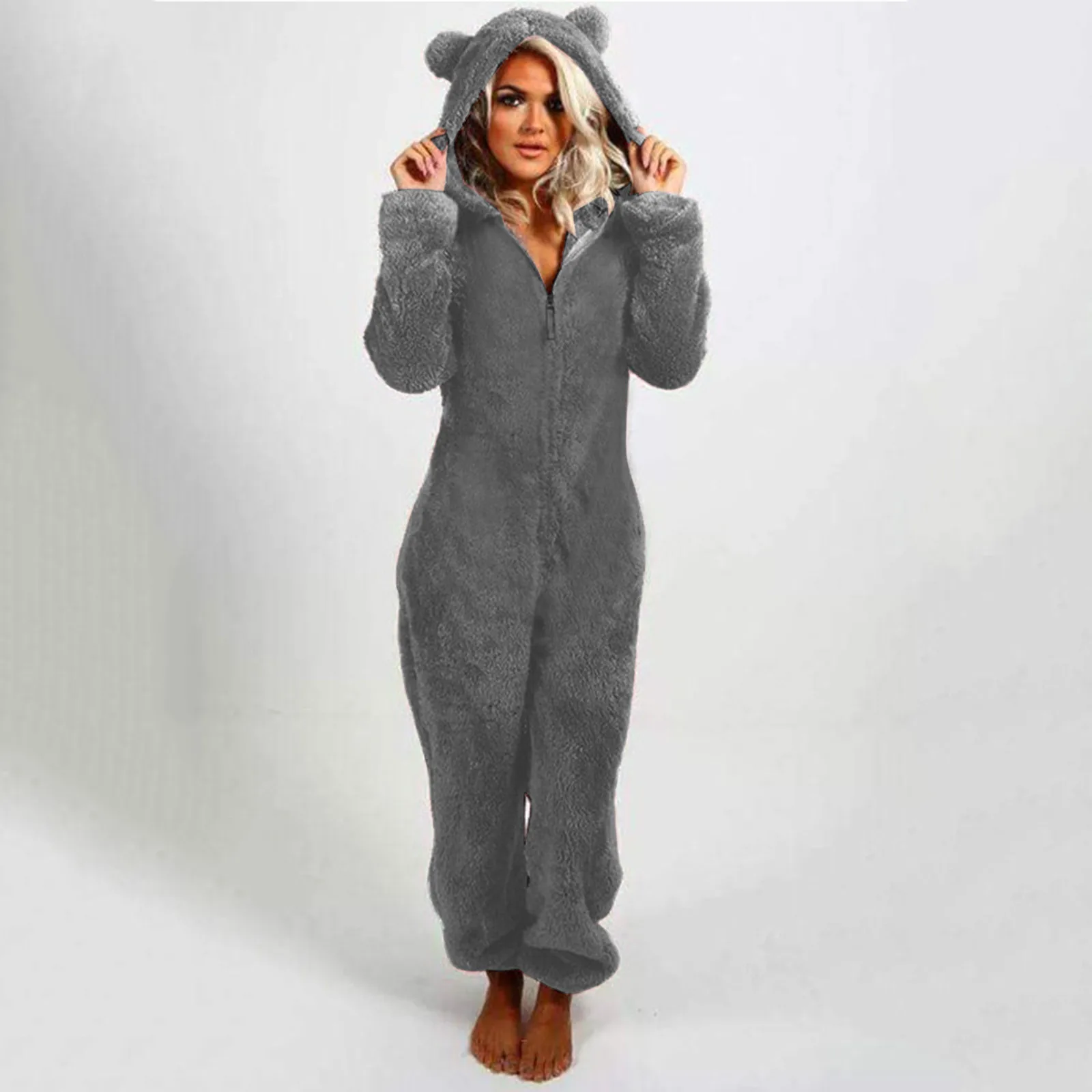 Cute Plush Cat Bear Ear Hat Women Jumpsuit Pajamas Solid Color One-Piece Zip Hooded Sleepwear Autumn Winter Warm Cat-Ear Romper