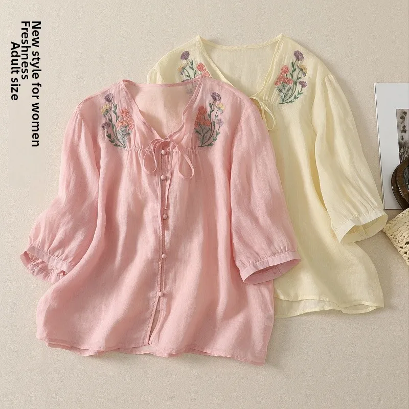 

Elegant Embroidered Shirt Jacket V-Neck Tie Short Sleeve Women's Top Brand Large Size Commute Style Artistic Straight Cut