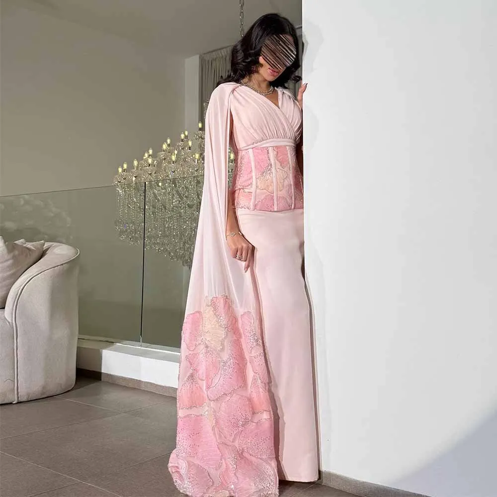 Sweetly Women's Evening Dresses Jersey Sheath/Column Party Dresses Pink V-neck Pleat Lace Pattern Pleat Batwing Sleeve Prom Gown
