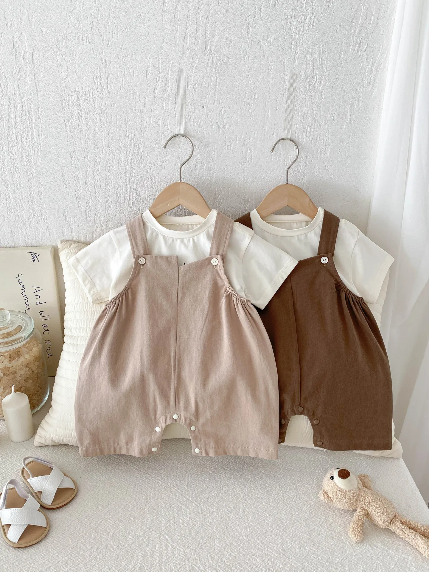 

High Cotton Korean Style Infant Summer Suspender Romper Set Two Pieces Snap Button Tee Thin Crawling Newborn Clothes