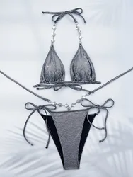 sexy glitter silver sequine rhinestone bikinis sets two pieces halter thong tie swimsuit swimwear women beach outfits biquini