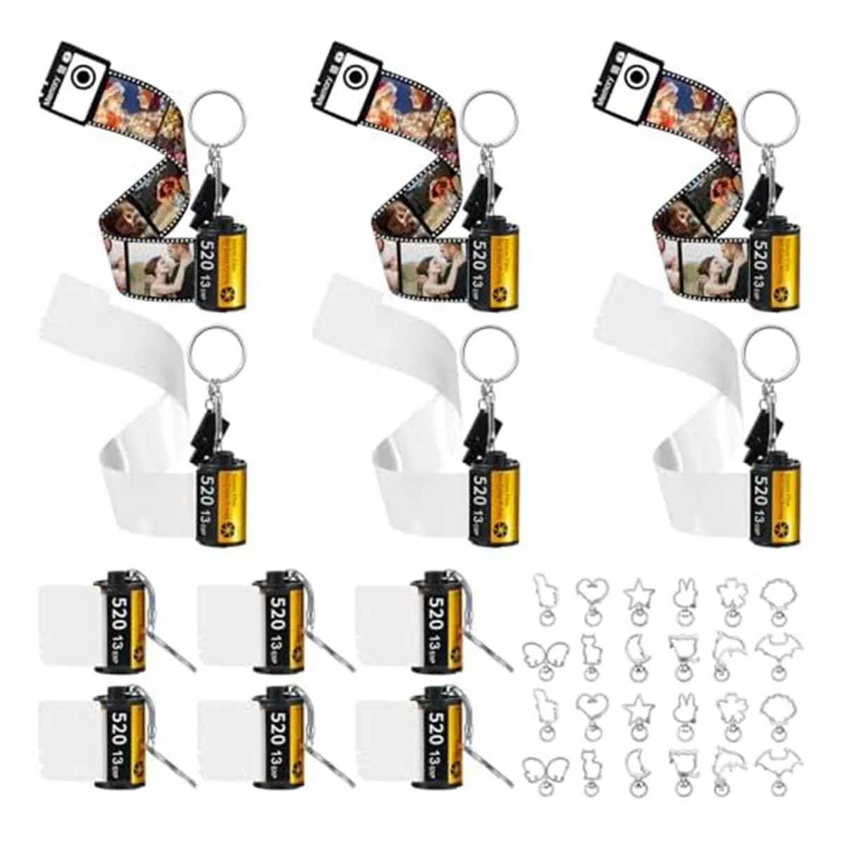 12 PCS Sublimation Camera Film Roll Keychains with Replacement Keyrings Photo Keychains for Birthday DIY Crafts