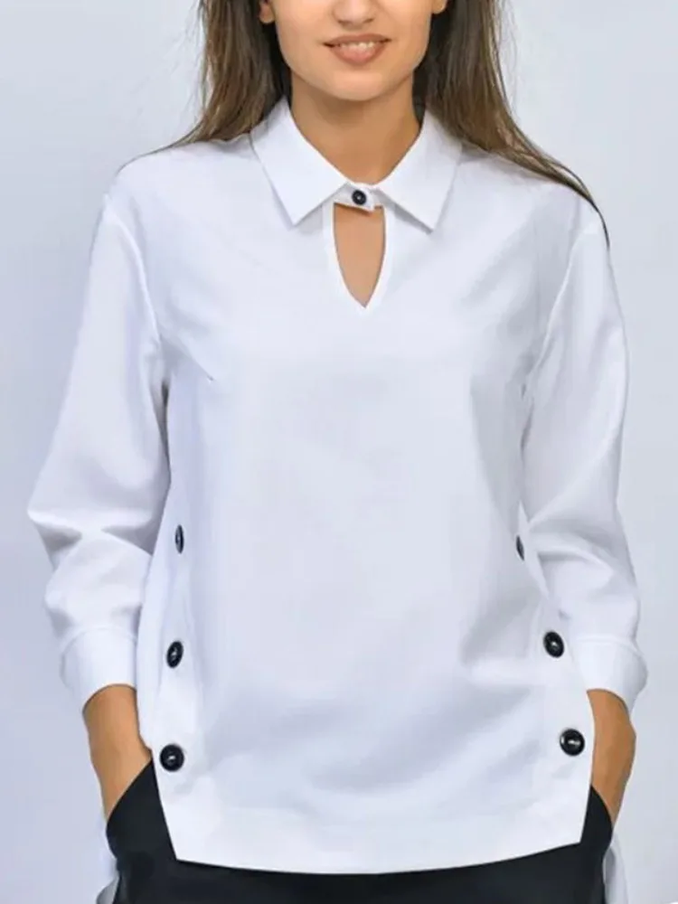 

Yeezzi Women's Buttons Lapel Blouses 3/4 Sleeves Solid Color Hollow Split-Joint High-low Casual Cotton Tops Commuter Shirts