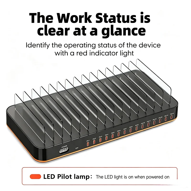 HUNDA 360W High Power 15 Port USB C Desktop Charger PD Type C Multiport Fast Charging Station for Notebooks and Mobiles