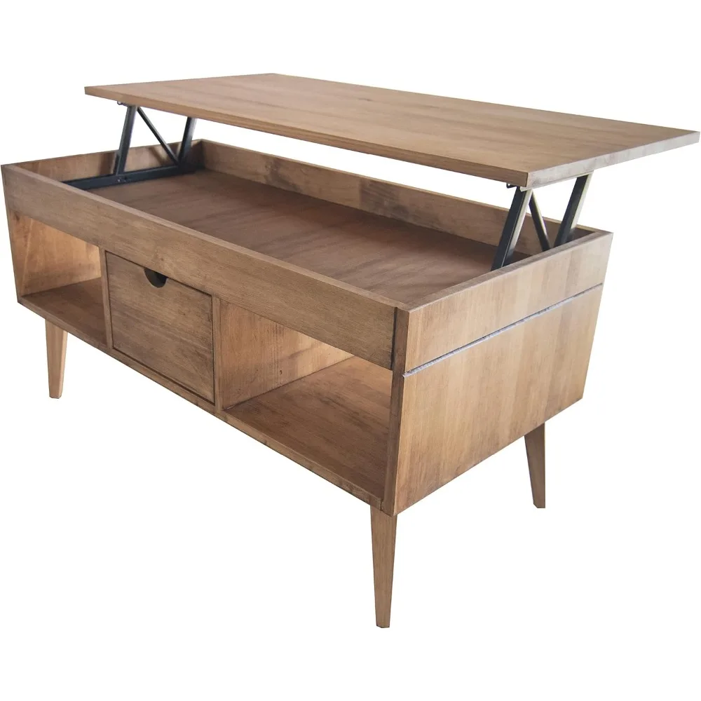 طاولة قهوة لرفع نموذج كارلا مع درج منزلق مركزي، خشب الصنوبر الصلب الطبيعي في الخشب المشمع، أرجل مدببة #1