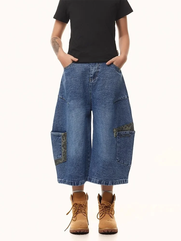 

Retro American Leopard Print Patchwork Wide Leg Men's Jeans Casual Loose Straight Cut Summer New Sle hine Embroidery