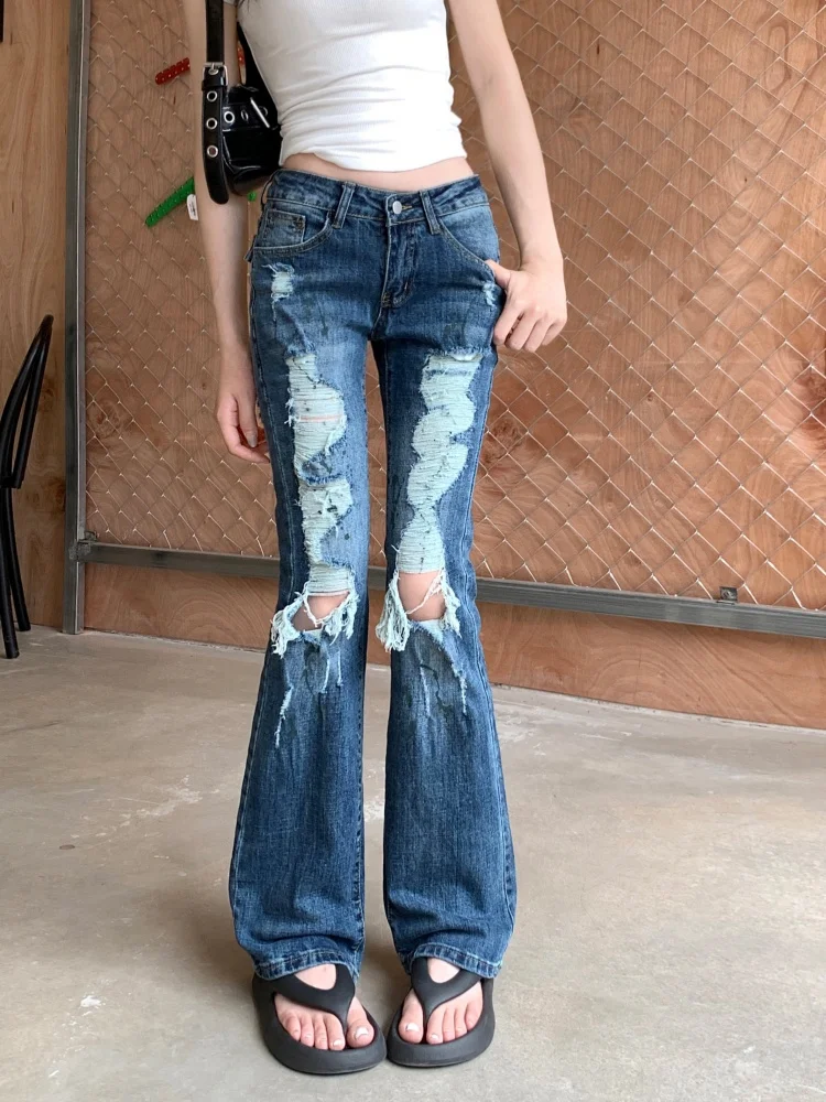 

Trashy Y2K 2000S потертые синие тонкие рваные расклешенные джинсы, брюки для женской одежды, потертые женские джинсовые брюки с низкой посадкой, Ropa Mujer