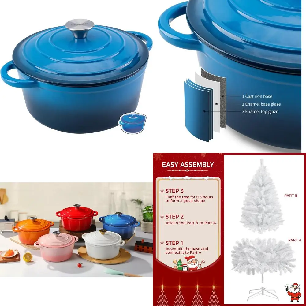 

Сверхмощная чугунная голландская кастрюля с синей эмалью 4QT с крышкой для выпечки хлеба, тушения, раковины и запекания — идеальная посуда