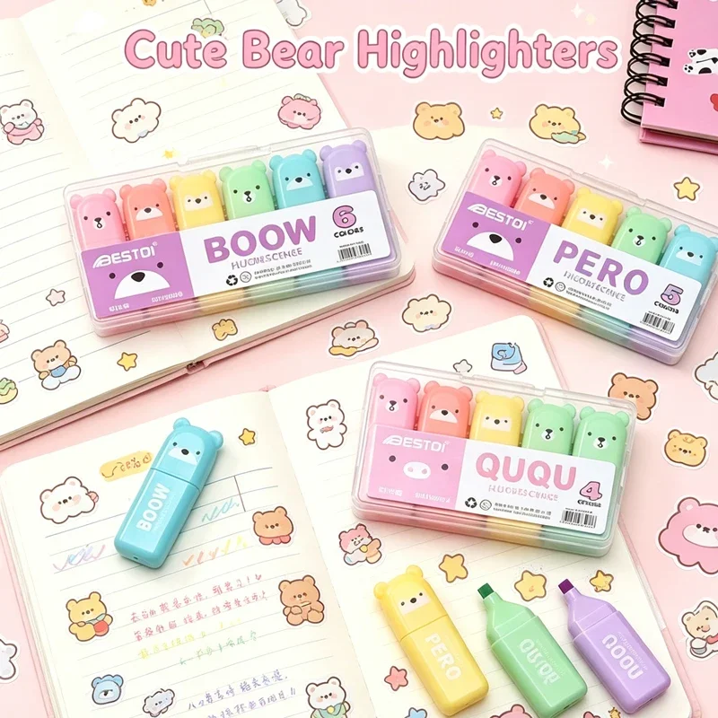 Kawaii Bear Highlighter Pens Set Cute Stationery Markers Candy Color Fluorescent Pastel Pen School Supplies Accessories