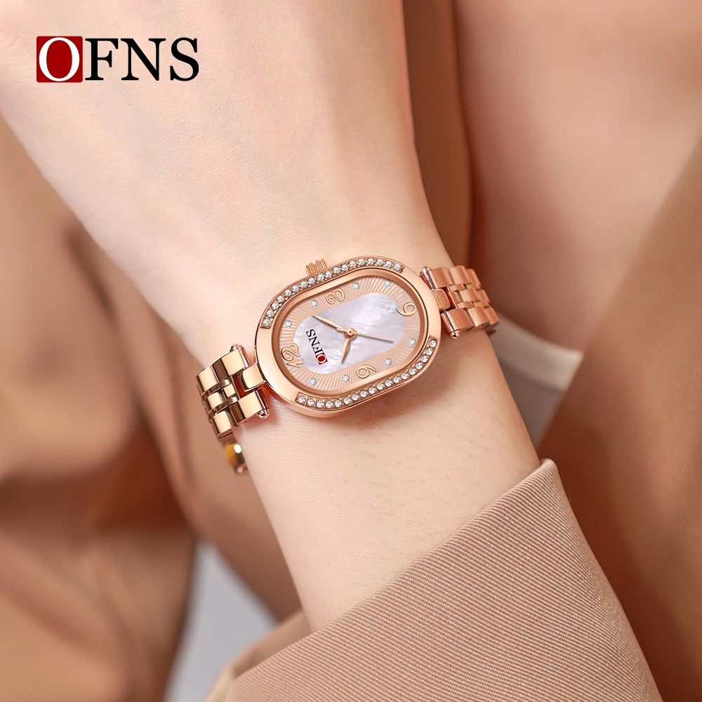 OFNS ใหม่ 1575 แฟชั่นผู้หญิงนาฬิกาควอตซ์,Mother of Pearl Dial กันน้ําขนาดกะทัดรัดรูปไข่ผู้หญิงควอตซ์นาฬิกา 2025