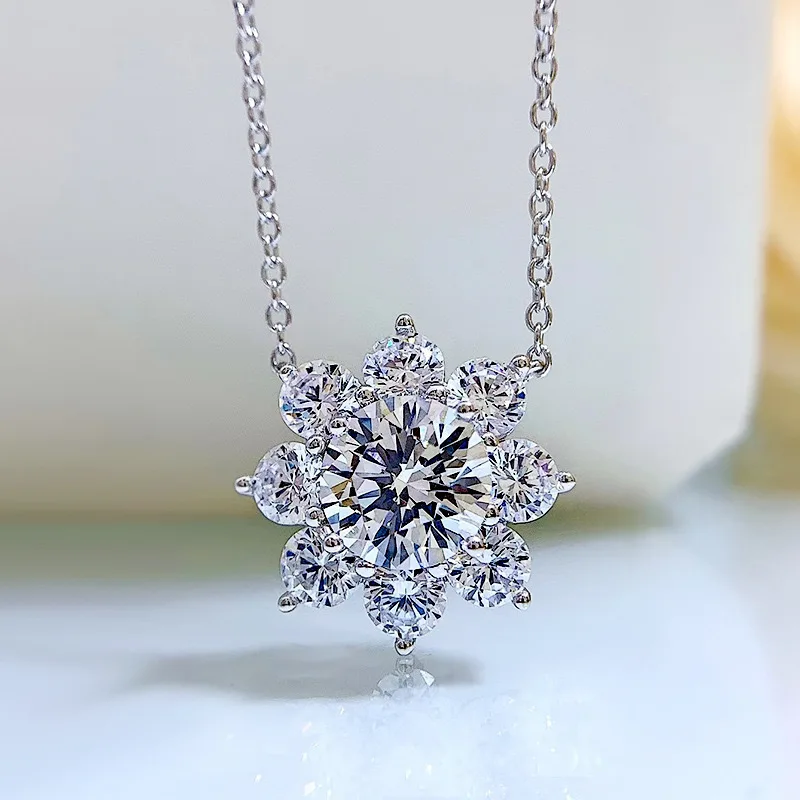 

S925 Silver Sunflower Pendant Necklace with 1 CT Moissanite, Elegant Floral Jewelry Gift for Women