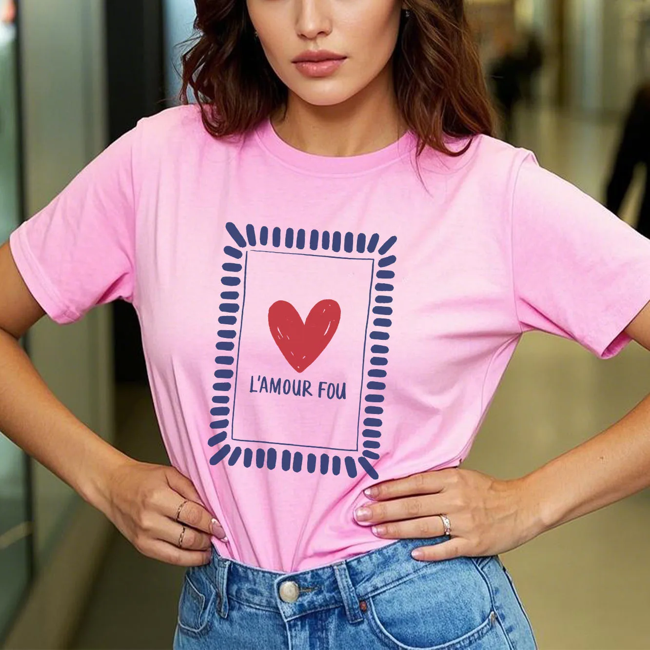 Modieus T-shirt met liefdespatroon, casual, korte mouwen, ronde hals, geschikt voor alle seizoenen, veelzijdig dames-T-shirt