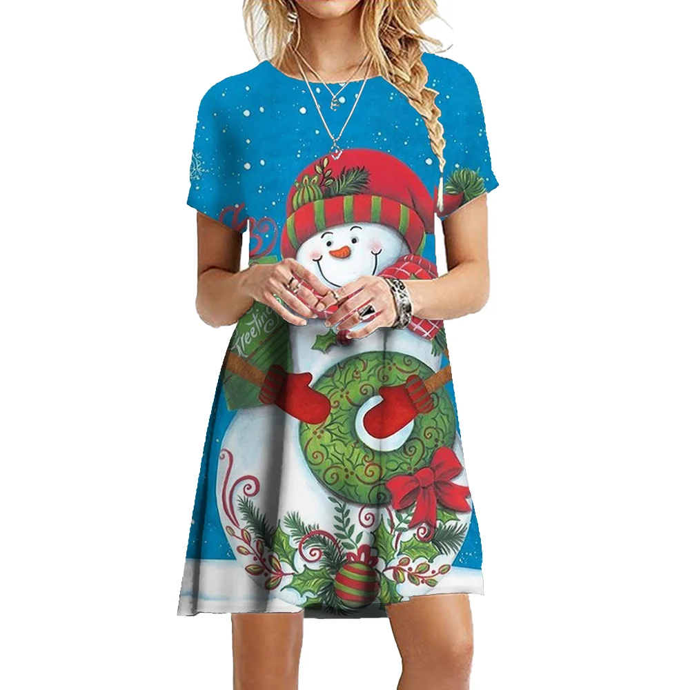 2023 New Year Winter Christmas Party Dress Women Sweet Cartoon Santa Claus Print Dress Fashion Cute Short Sleeve A-Line Dresses