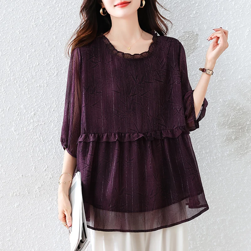 2025 Summer Women Shirt High-end Bright Silk Casual Loose Tops Ruffles Collar 3/4 Sleeve Chiffon Shirt